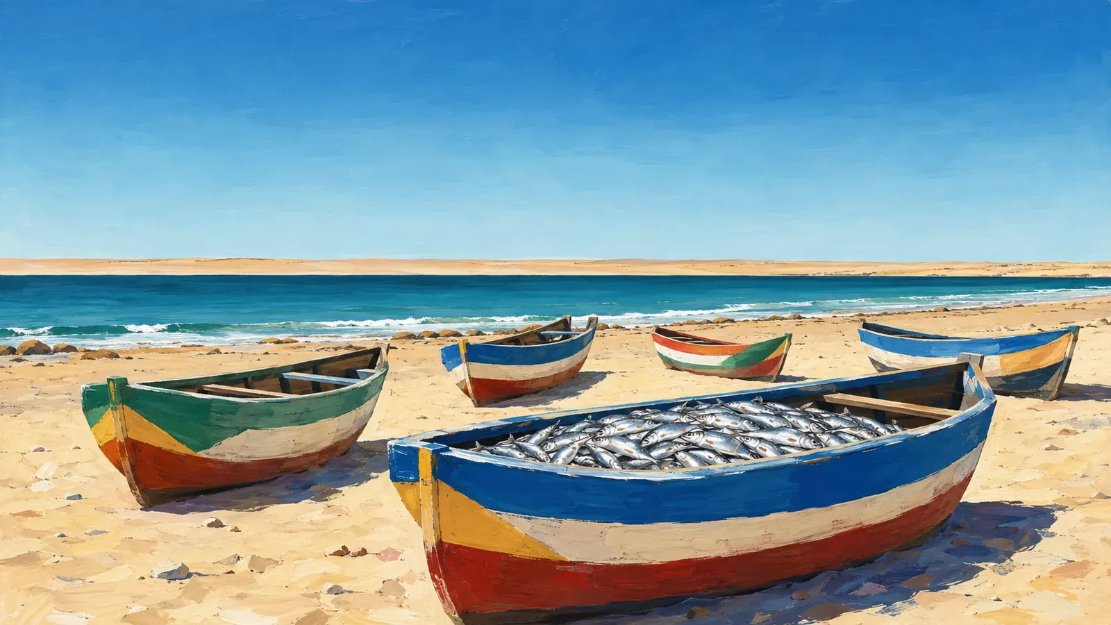 Illustrated coastal scene evoking Mauritania — the home of 3M Seafood