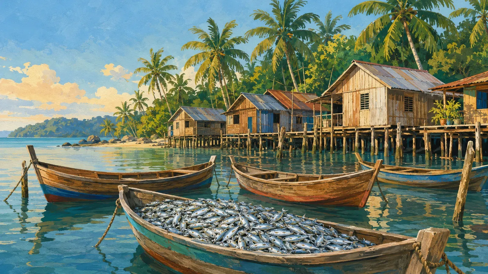 Illustrated coastal scene evoking Malaysia — the home of Adabi