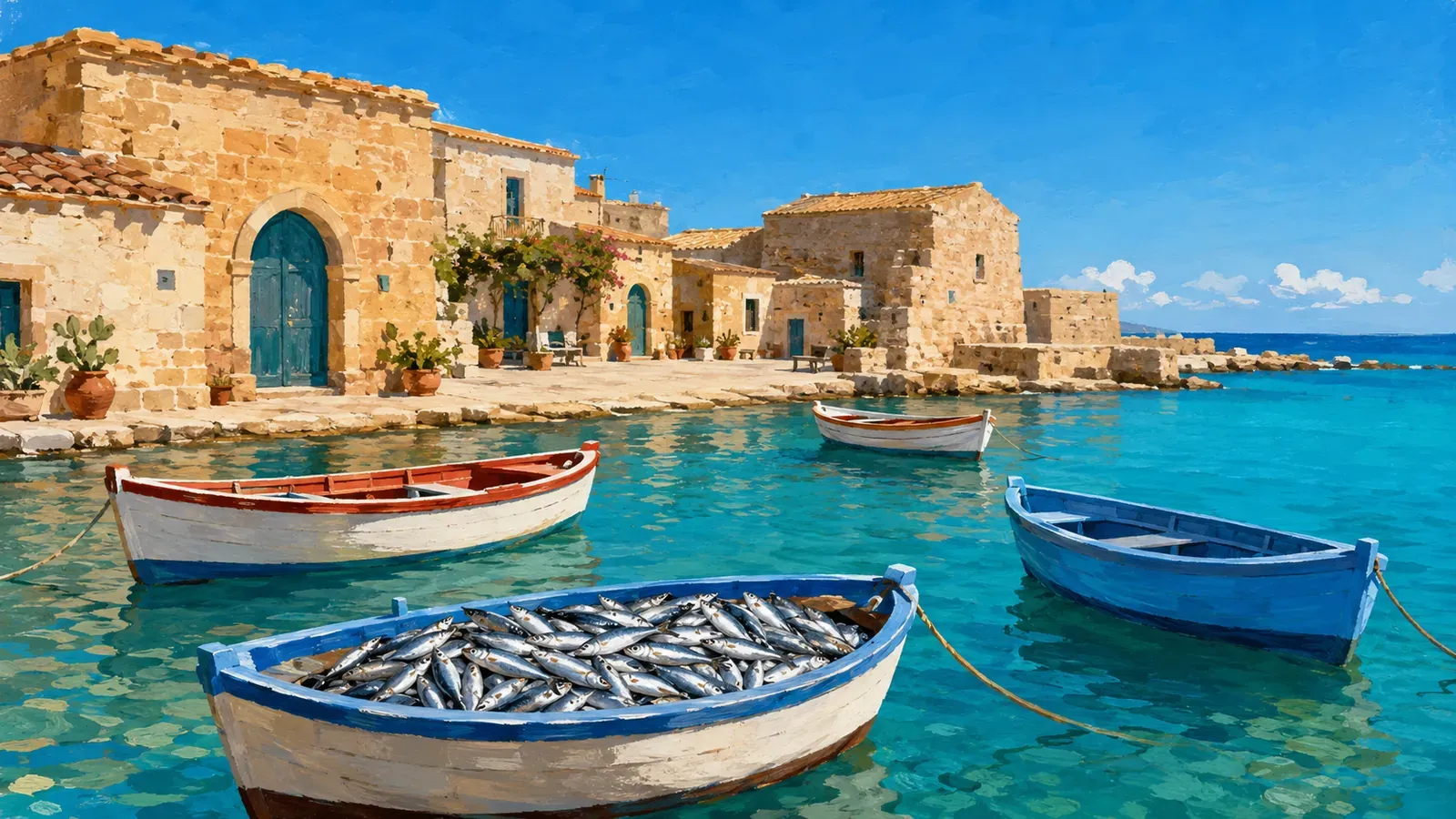 Illustrated coastal scene evoking Italy — the home of Adelfio