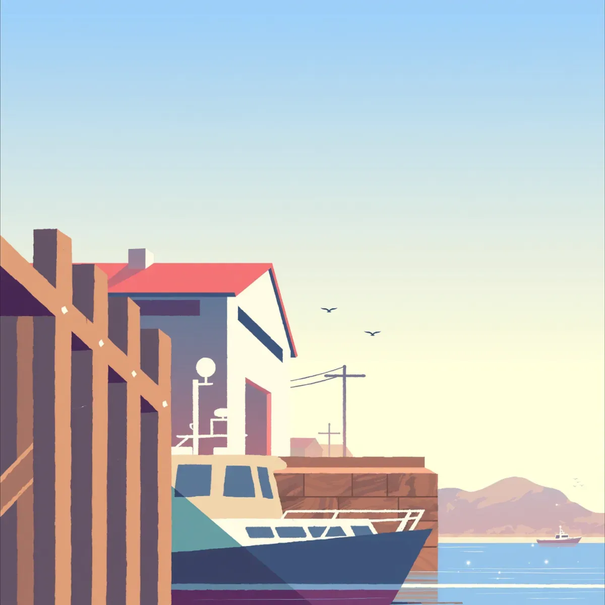 Illustrated coastal scene evoking USA — the home of Fishwife