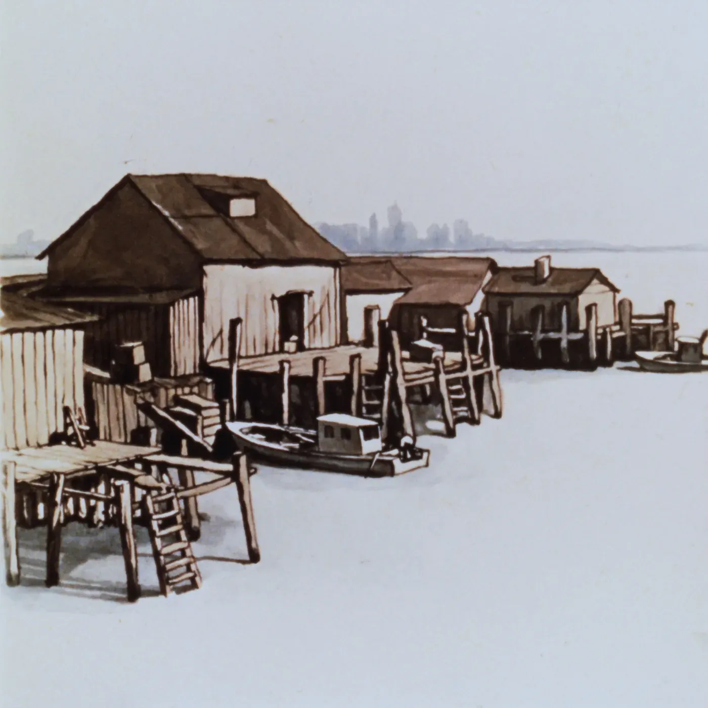 Illustrated coastal scene evoking USA, home of Minnow