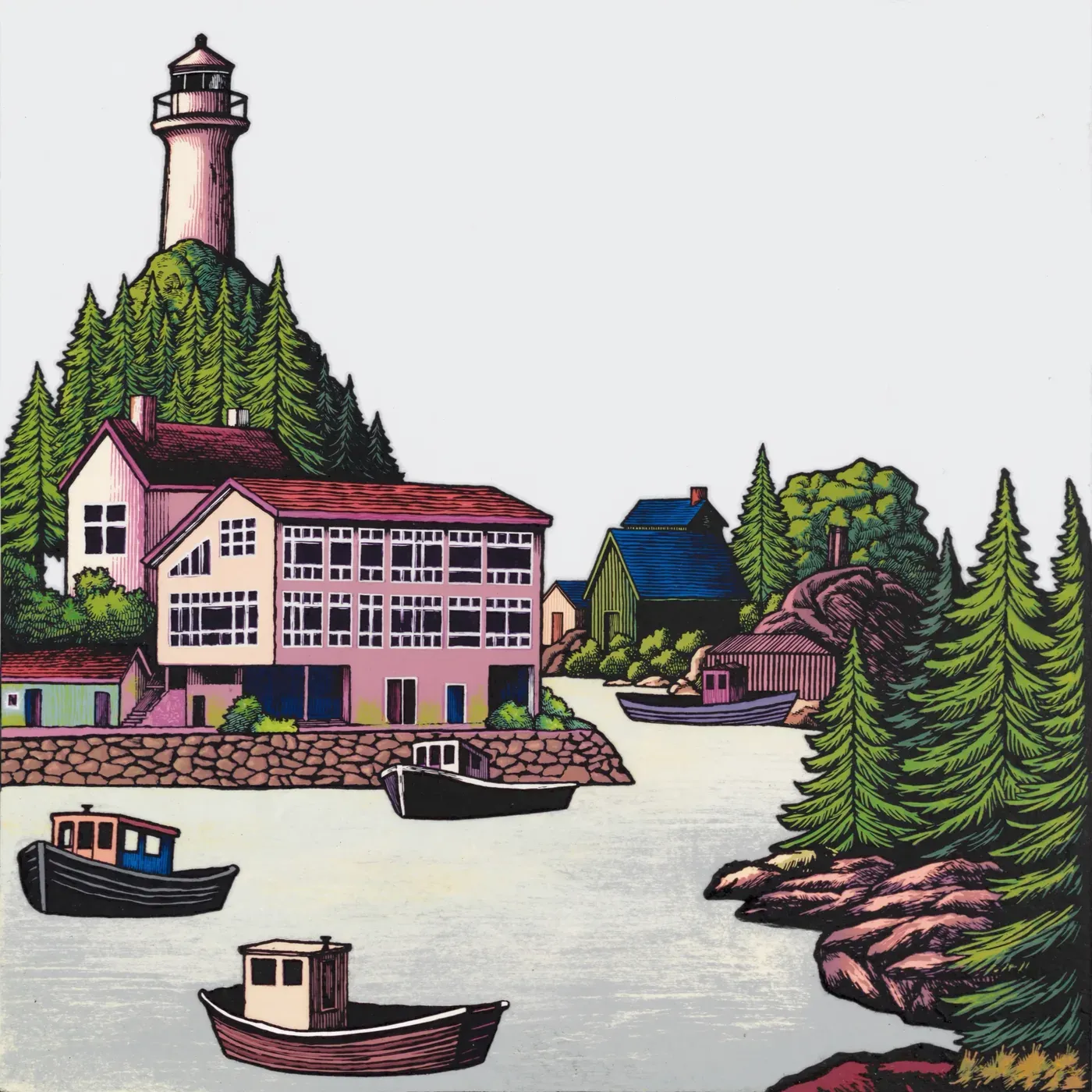 Illustrated coastal scene evoking Canada, home of Nice Cans