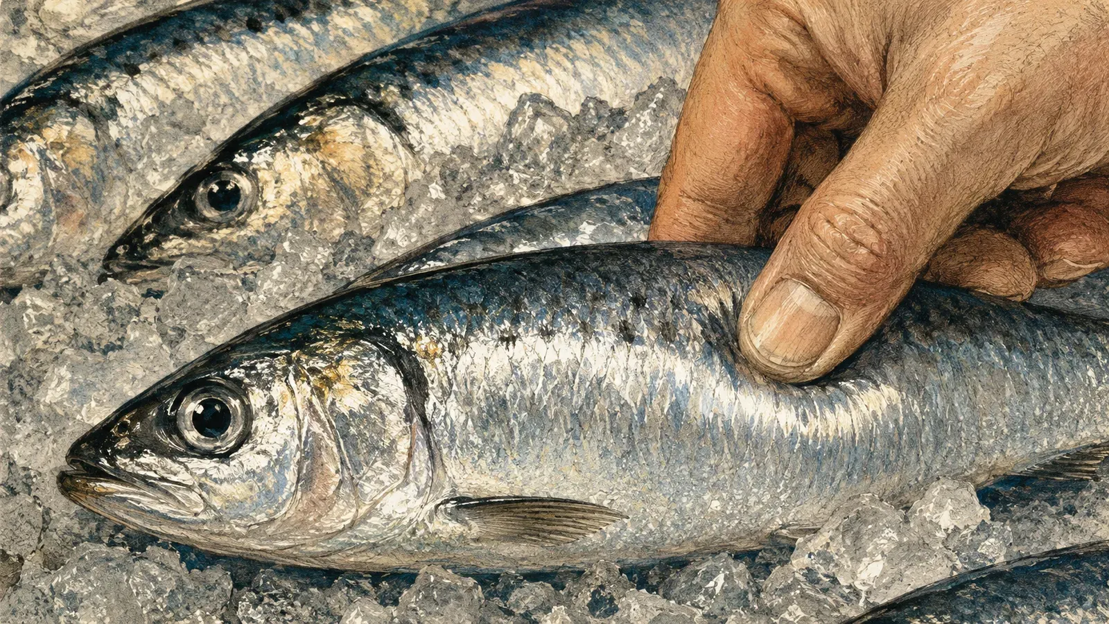Close-up of fresh sardines on crushed ice at a market stall, one fish showing a clear convex eye and gleaming silver-blue skin while a hand gently presses the flesh