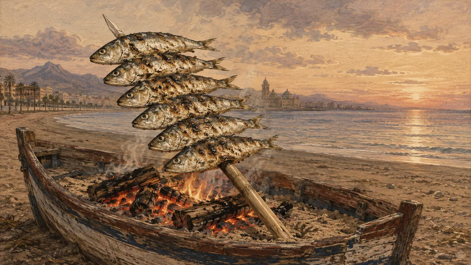Six sardines on a cane skewer angled over an olive-wood fire burning in a beached boat filled with sand on a Malaga beach at dusk