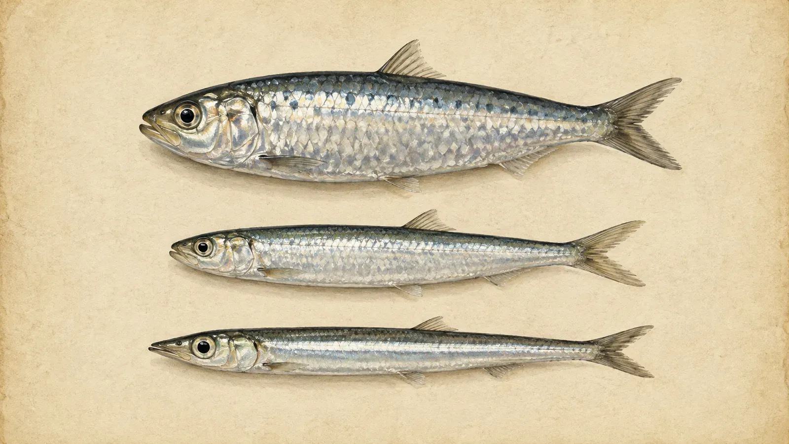 Scientific-style lineup drawn to scale: a true sardine above a smaller sprat and a slender anchoveta, each labelled with its Latin name