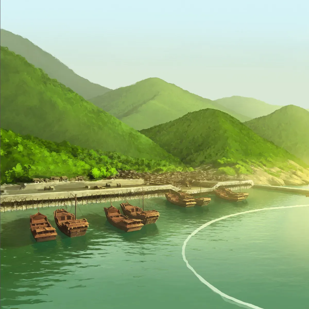 Illustrated coastal scene evoking China — the home of Fujian Zishan Group
