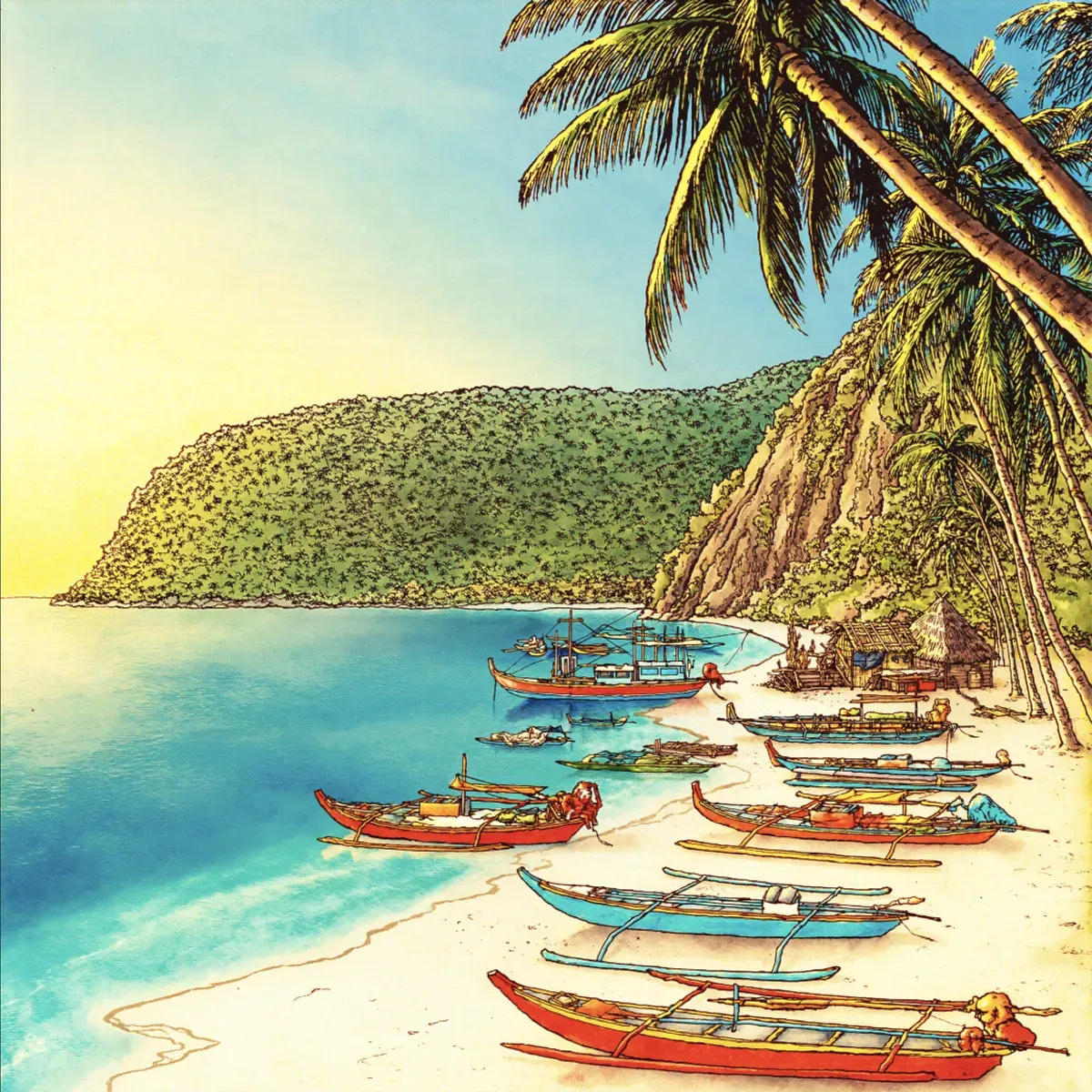 Illustrated coastal scene evoking Philippines, home of Saba