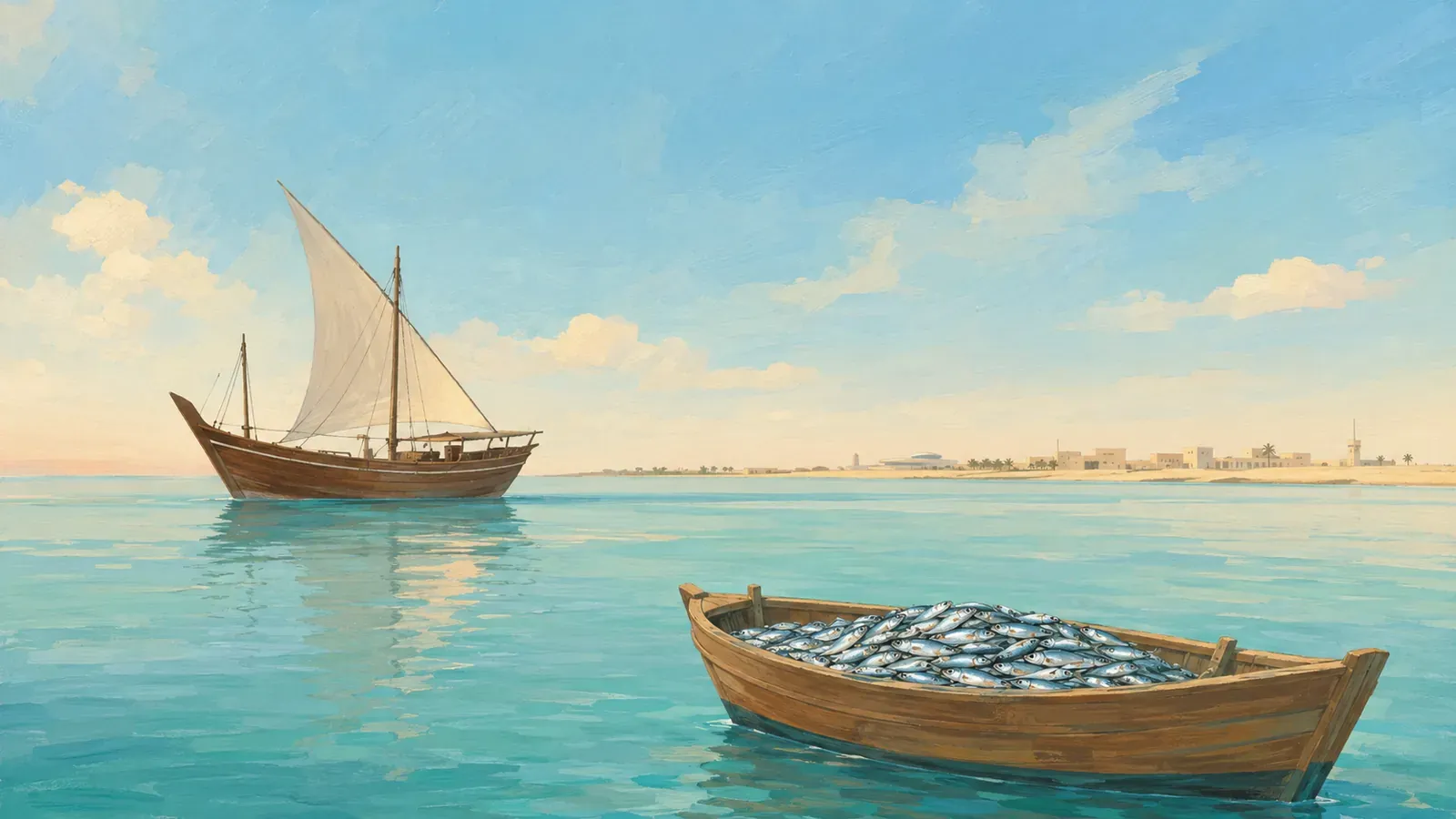 Illustrated coastal scene evoking Kuwait — the home of Atlantis