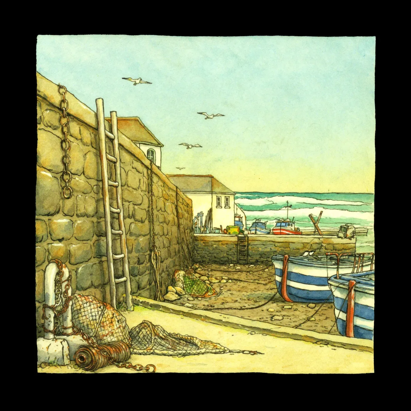 Illustrated coastal scene evoking United Kingdom, home of Fish4Ever