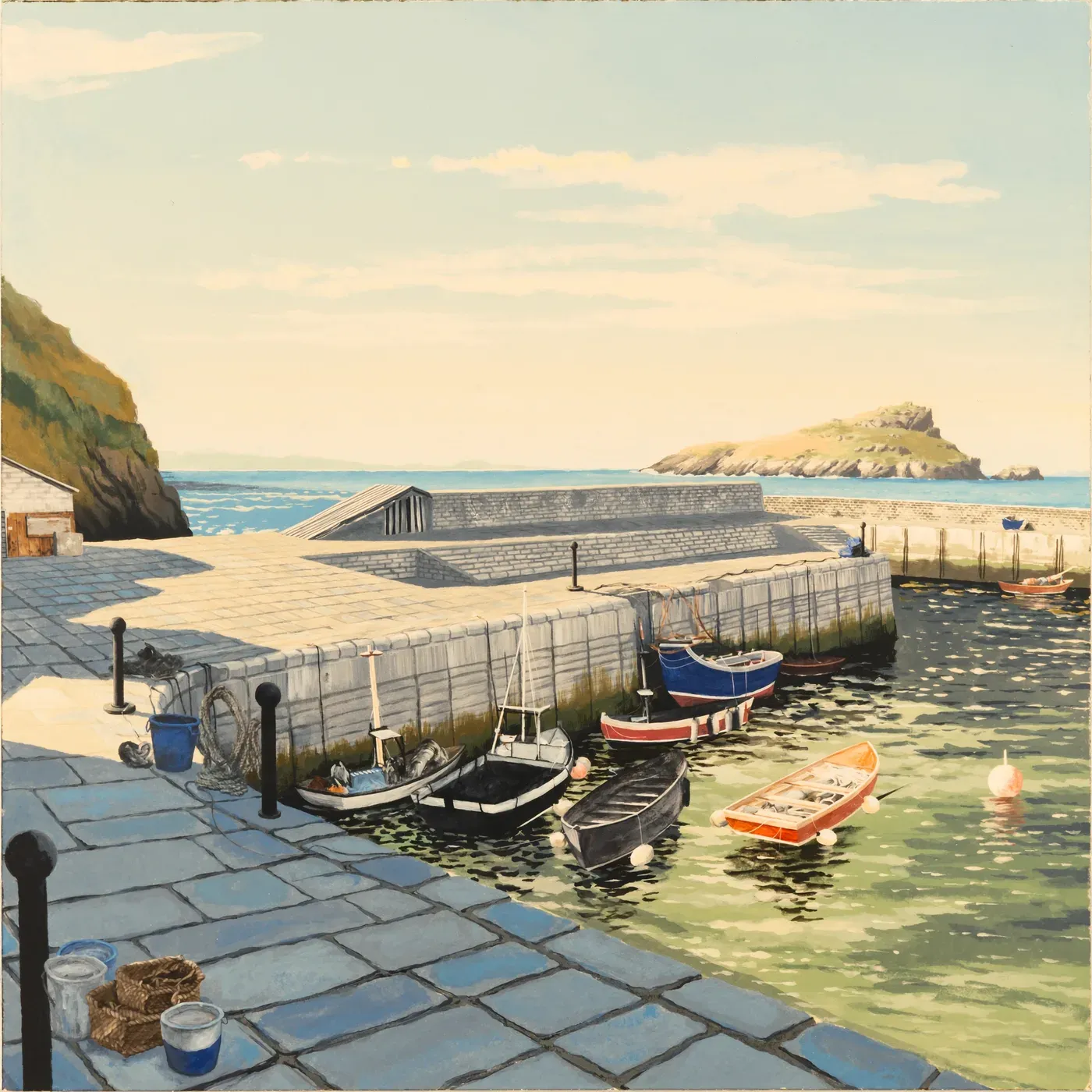 Illustrated coastal scene evoking United Kingdom, home of The Pilchard Works
