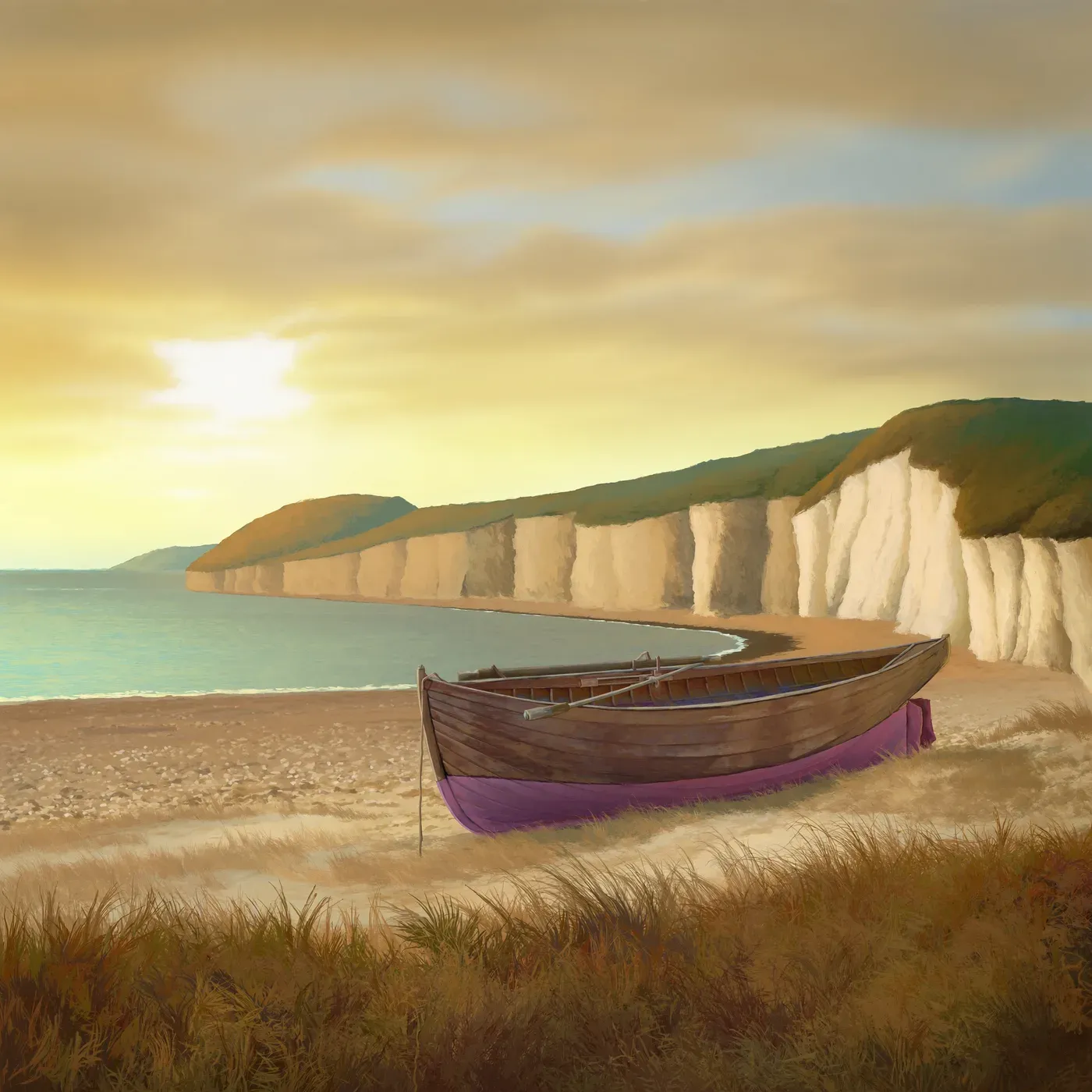 Illustrated coastal scene evoking United Kingdom, home of Sea Sisters Cannery