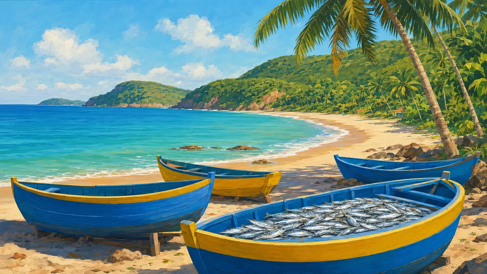 Illustrated coastal scene evoking Brazil — the home of Coqueiro