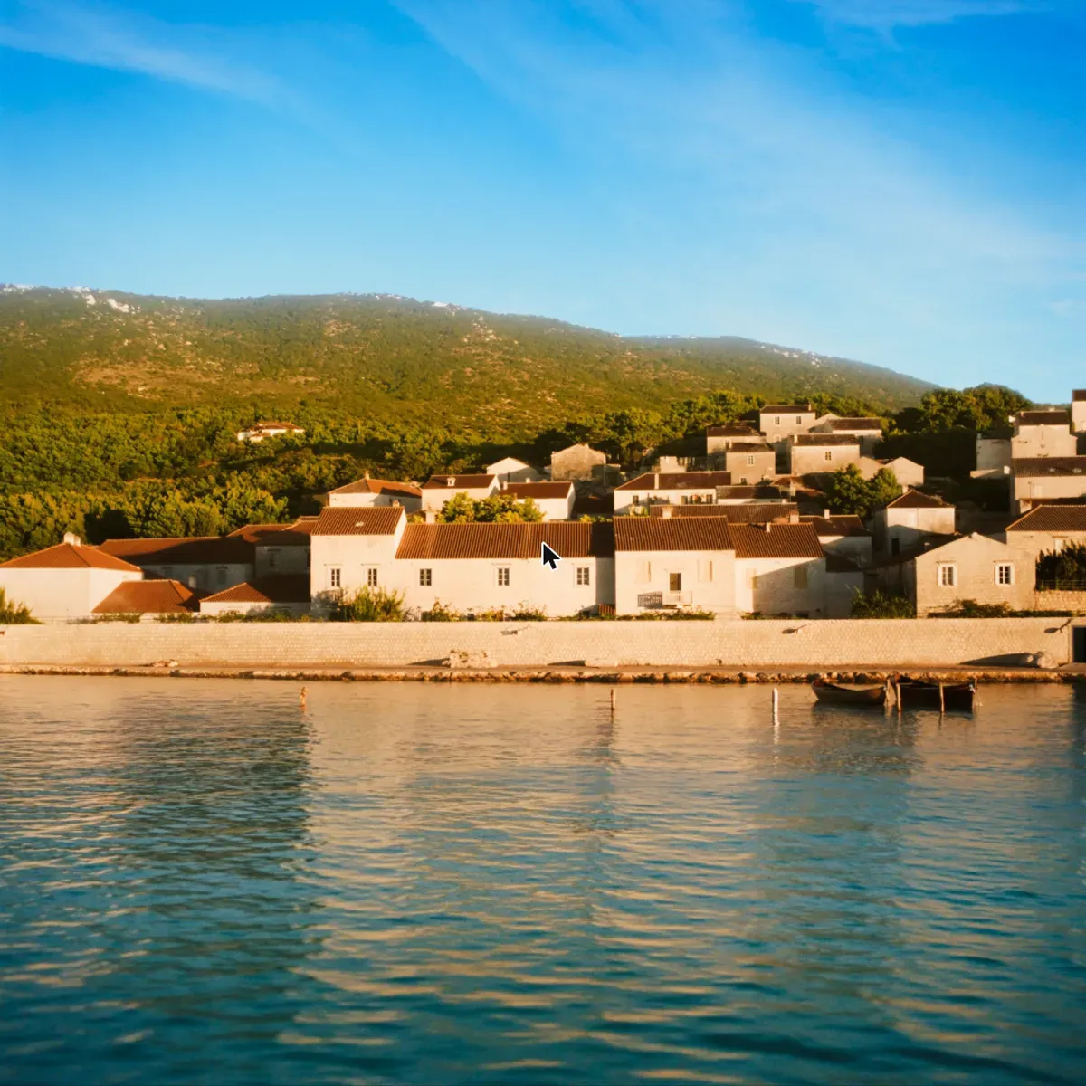 Illustrated coastal scene evoking Croatia — the home of Sardina Postira (Adriatic Queen)