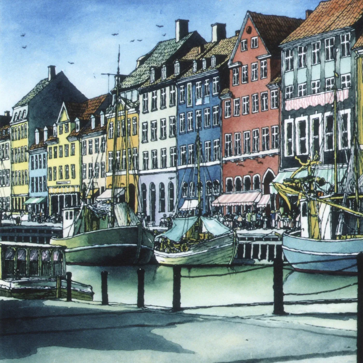 Illustrated coastal scene evoking Denmark, home of FANGST
