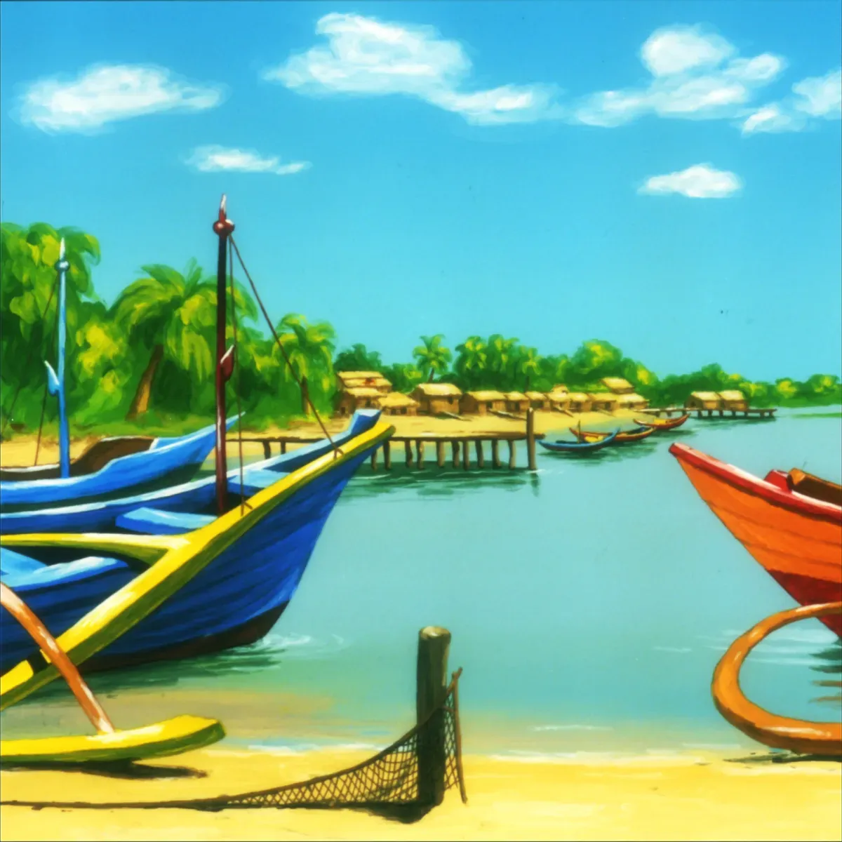 Illustrated coastal scene evoking Ecuador — the home of Real (Real Alimentos)
