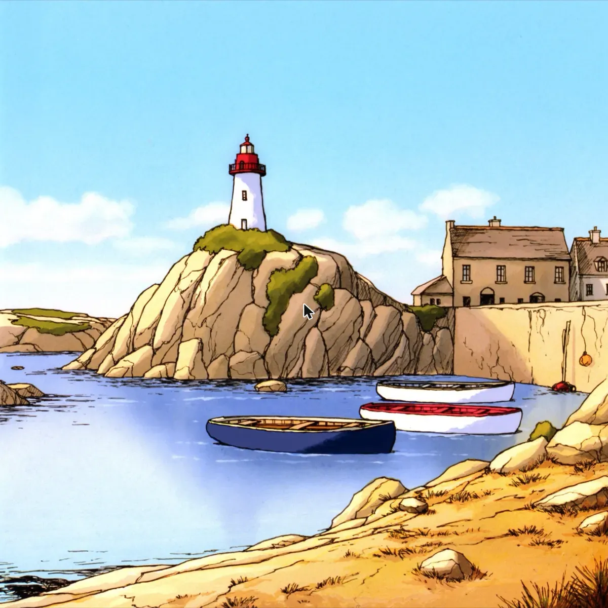 Illustrated coastal scene evoking France — the home of La Belle-Iloise