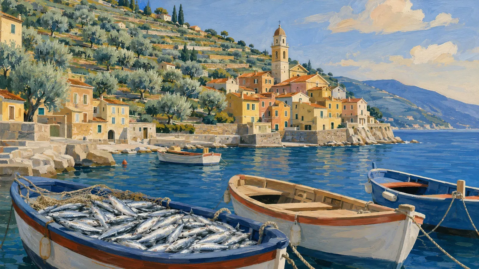 Illustrated coastal scene evoking Italy — the home of Fratelli Carli