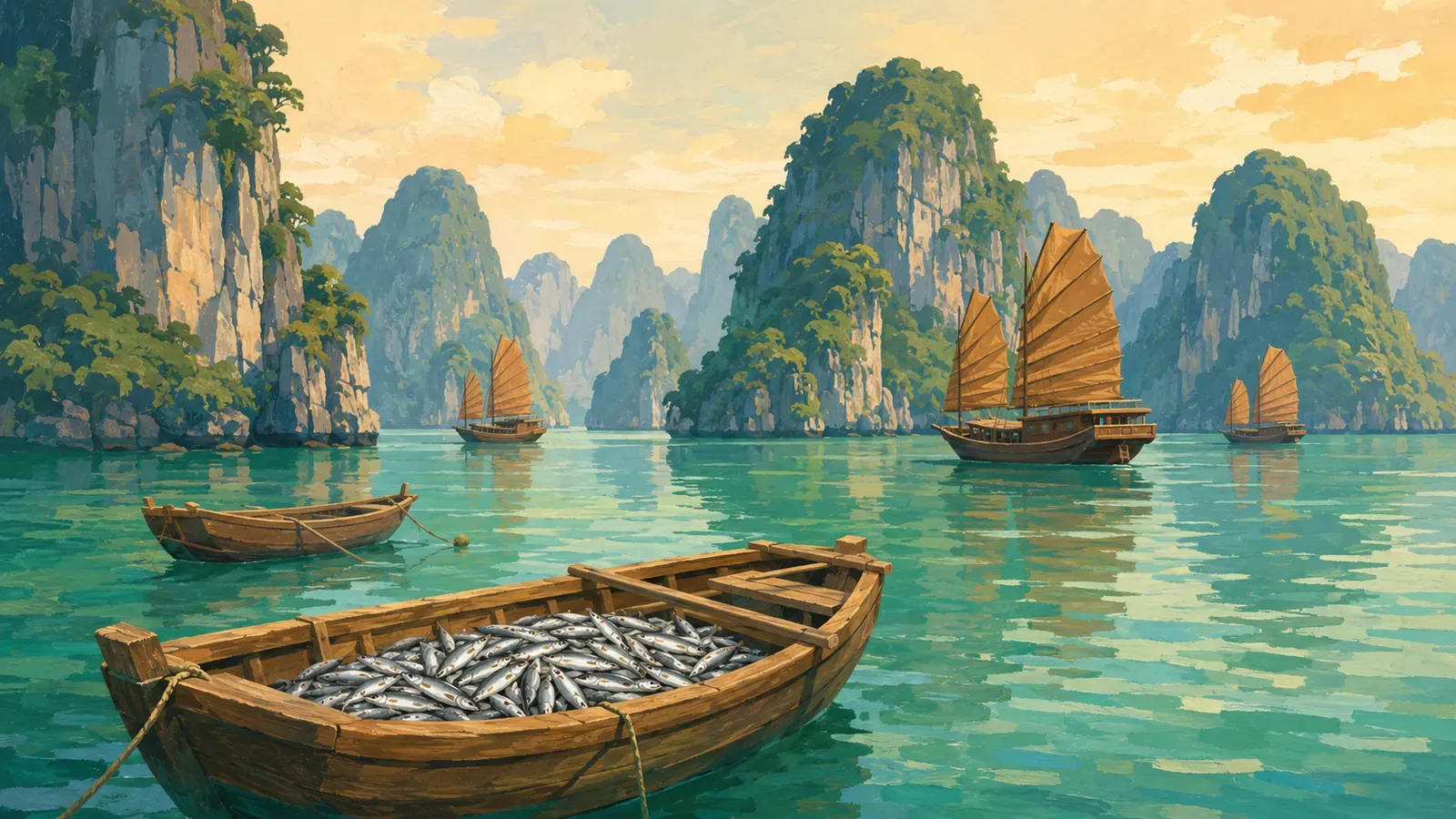Illustrated coastal scene evoking Vietnam — the home of Hạ Long Canfoco