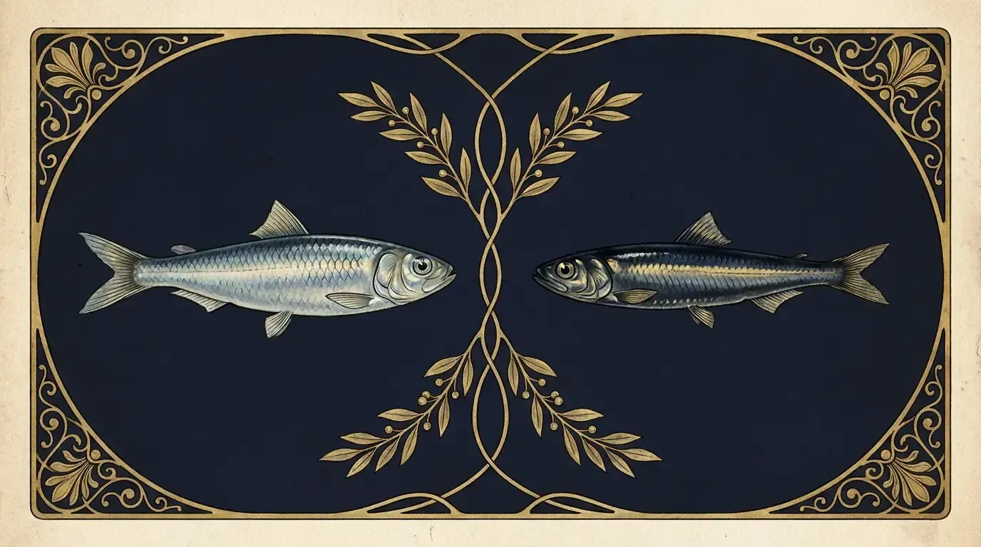 Vintage natural-history plate comparing a sardine and an anchovy