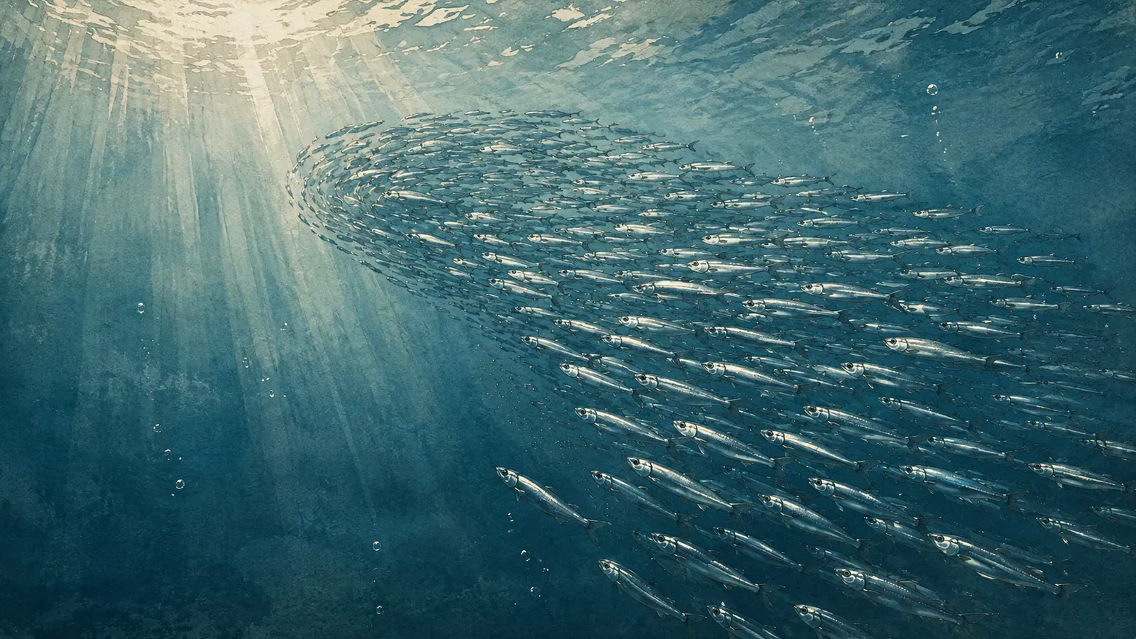 Illustration of a shoal of silver sardines turning through cold, clear open sea with pale shafts of daylight, in the house coastal-lithograph style