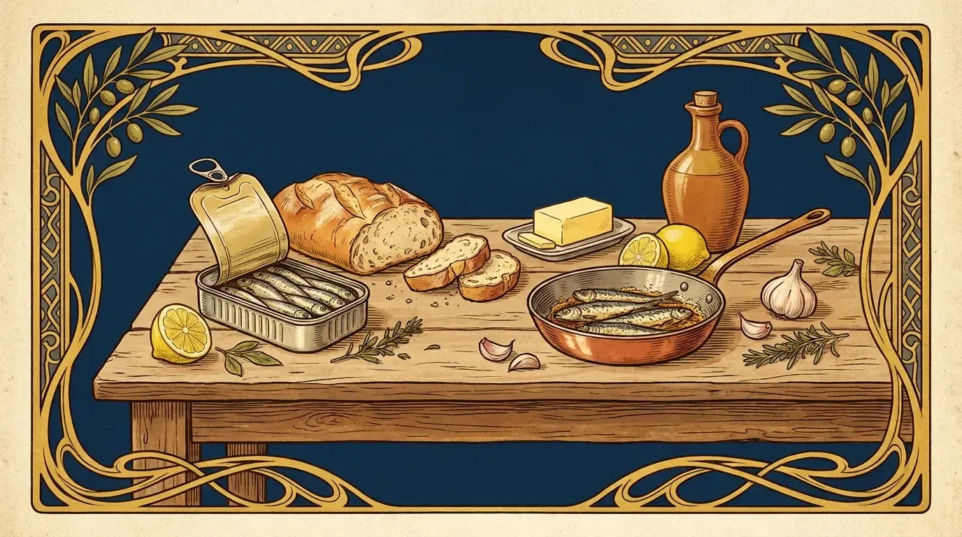 Vintage kitchen scene with sardines