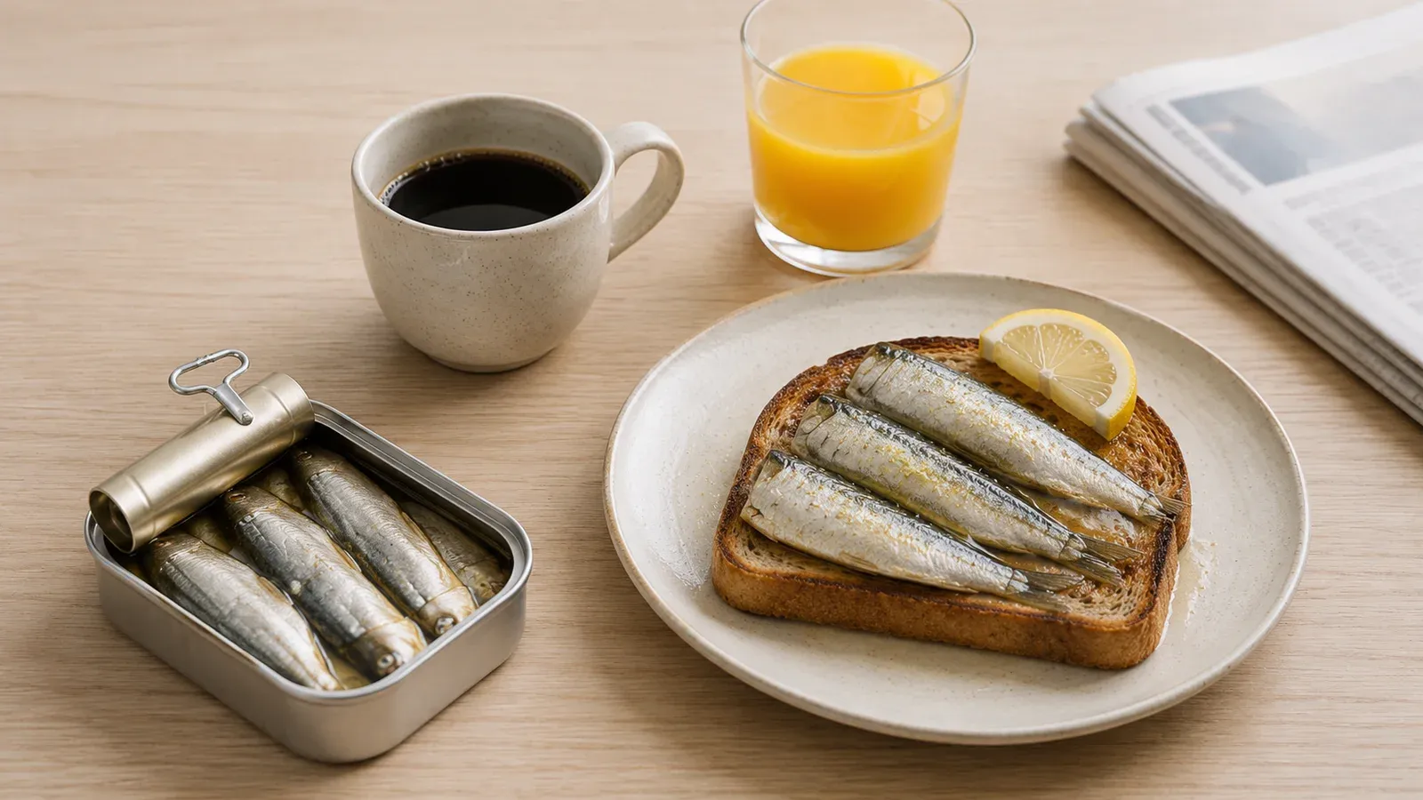 An open sardine tin on a breakfast table with toast and coffee in morning light