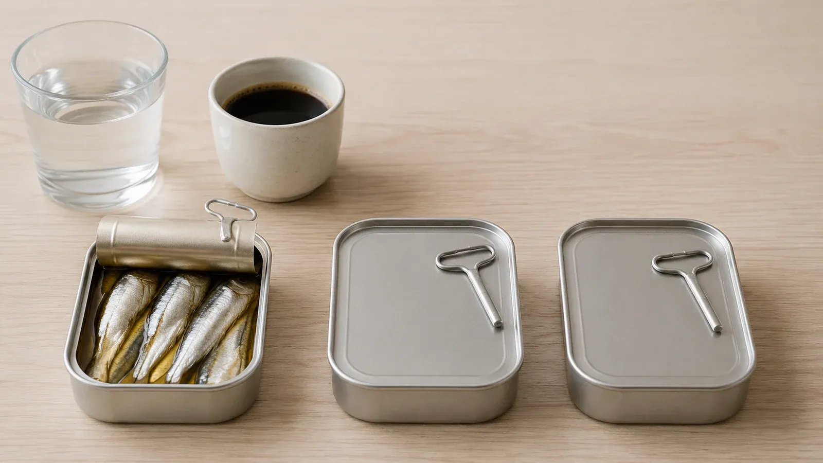Three plain sardine tins in a row on a wooden table, the first one opened