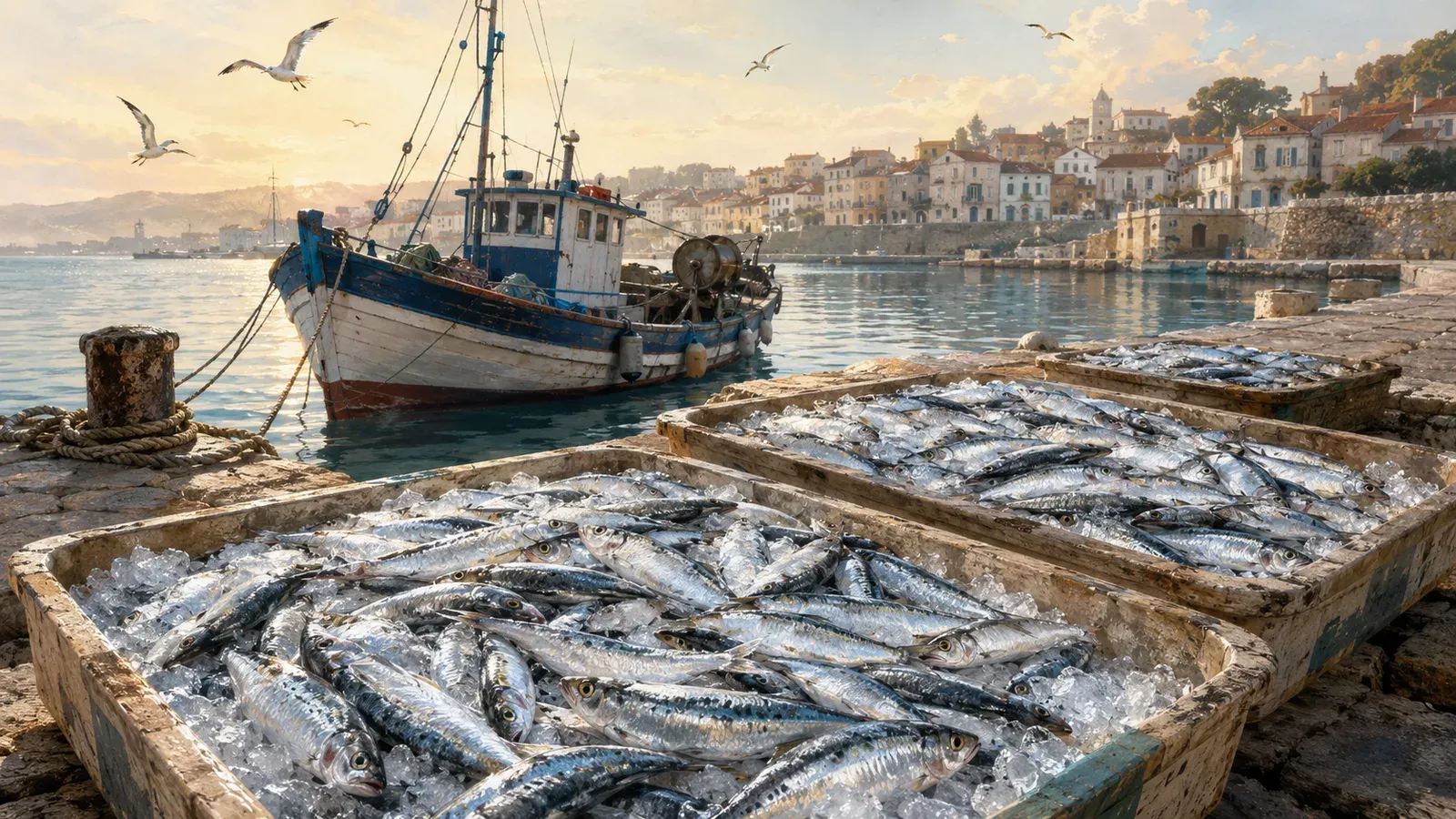 Illustration of a morning fish market by the sea — trays of glistening fresh sardines on ice, fishing boats behind, in a house-lithograph palette