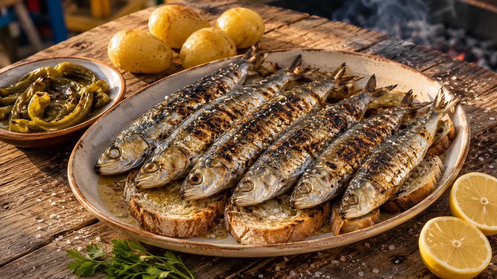 Char-marked whole grilled sardines on a rustic platter with lemon, bread and roasted peppers