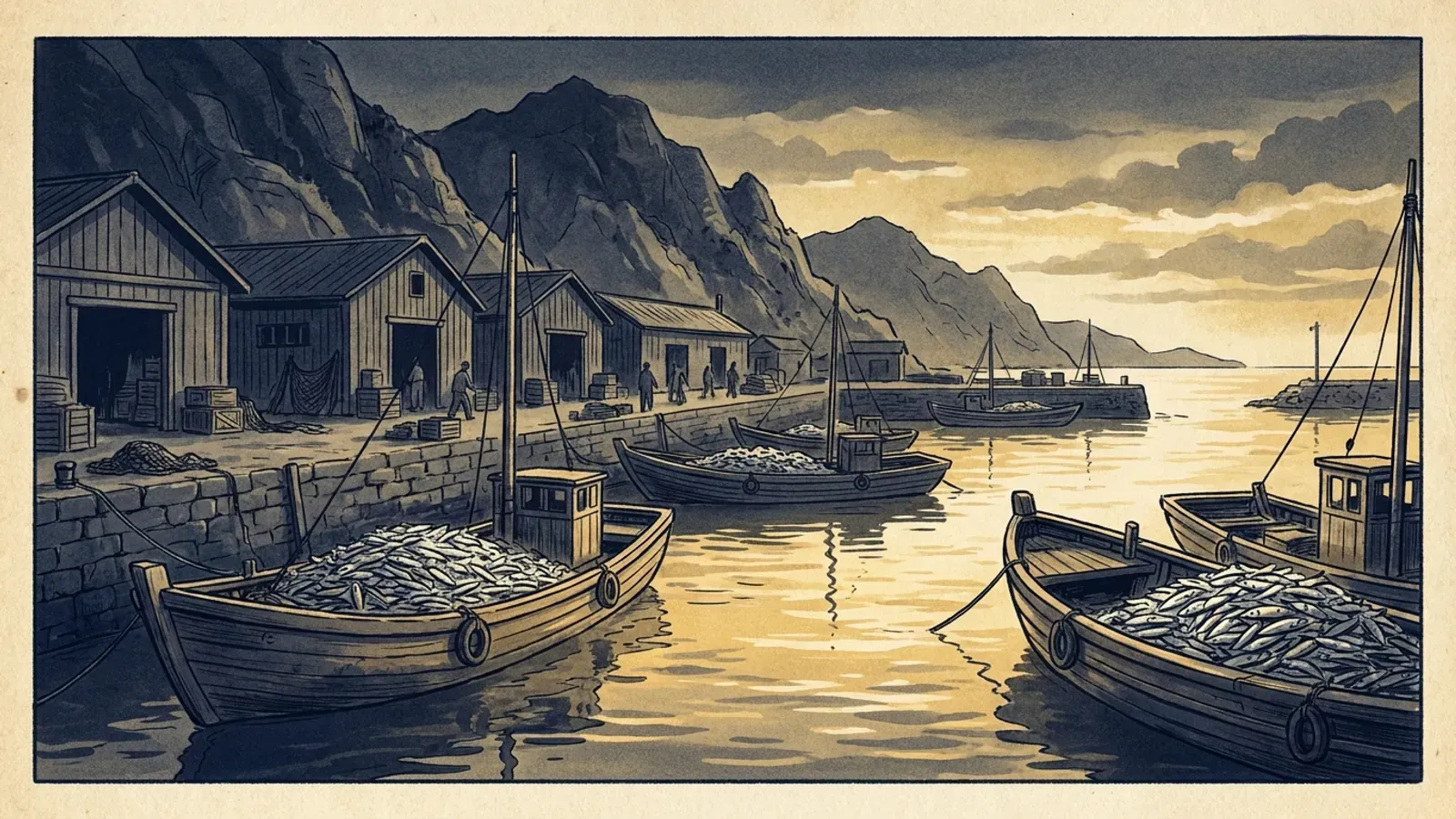 Illustration of a 1930s East Sea port at dusk — boats heavy with sardines beneath mountains, in a house-lithograph palette
