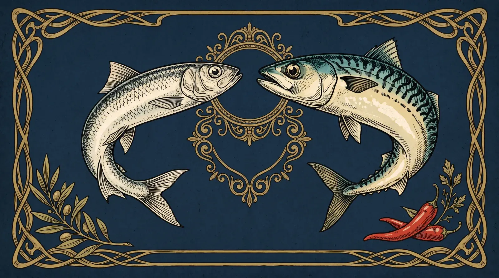 Vintage lithograph of a sardine and a mackerel facing off