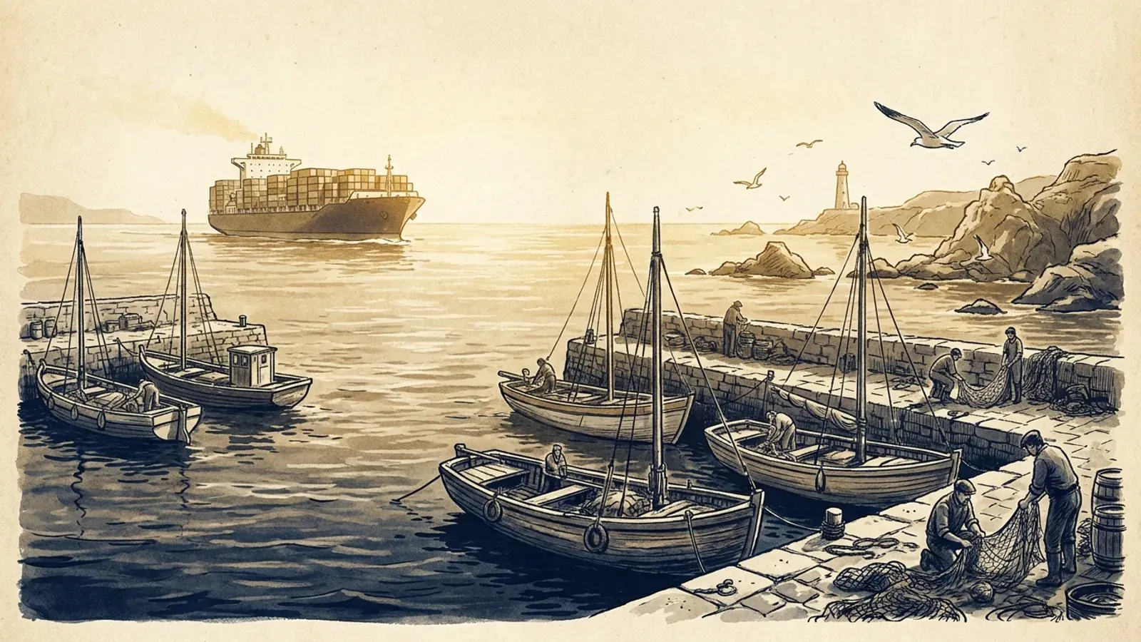 Illustration of a South African harbour — small fishing boats and a distant container ship, lighthouse, in a house-lithograph palette