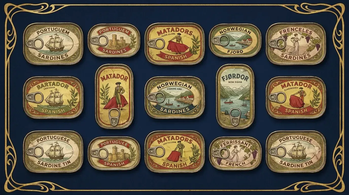Vintage illustration of ornate sardine tins
