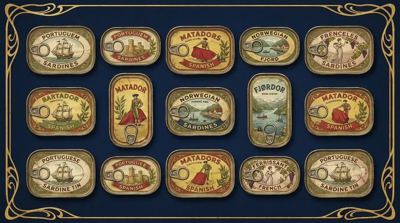 Vintage illustration of the world's best sardine tins arranged like medals