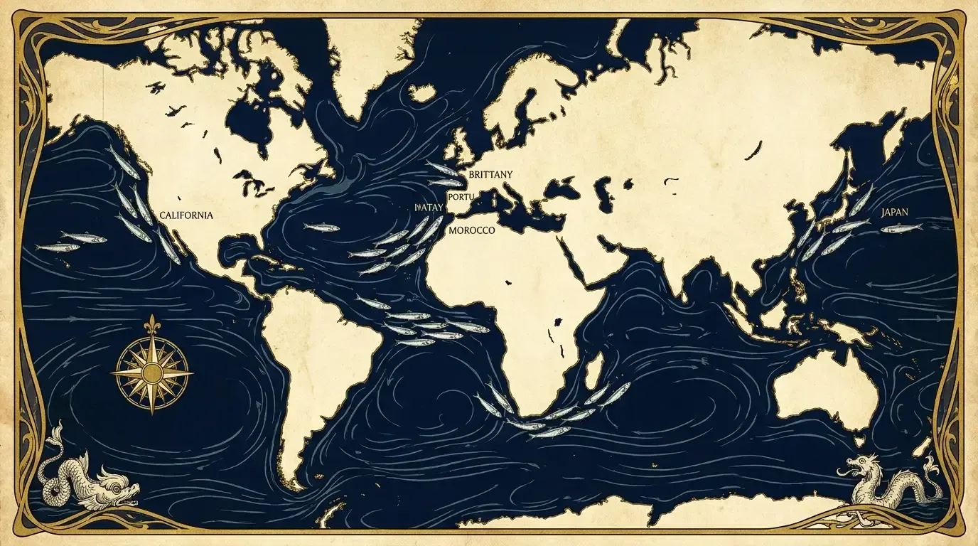 Antique map of the sardine seas of the world