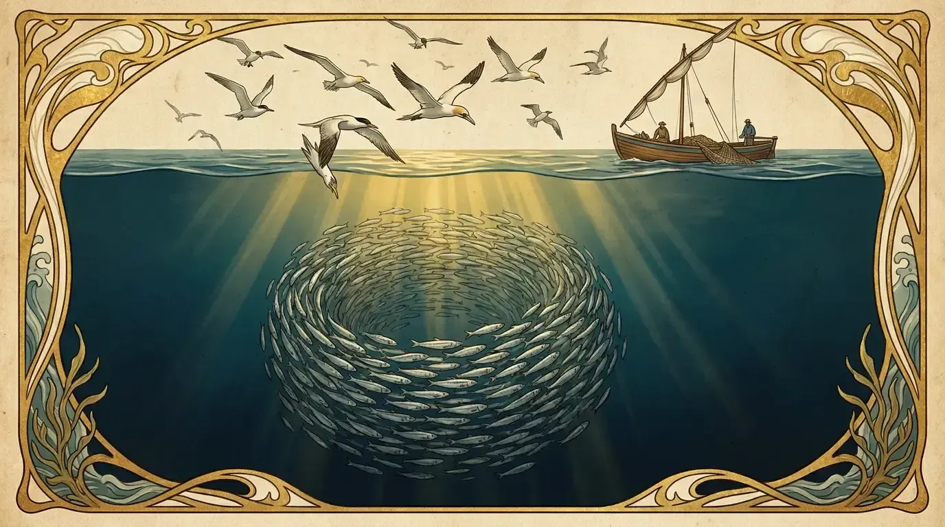 Vintage lithograph artwork of a thriving school of sardines in a healthy ocean