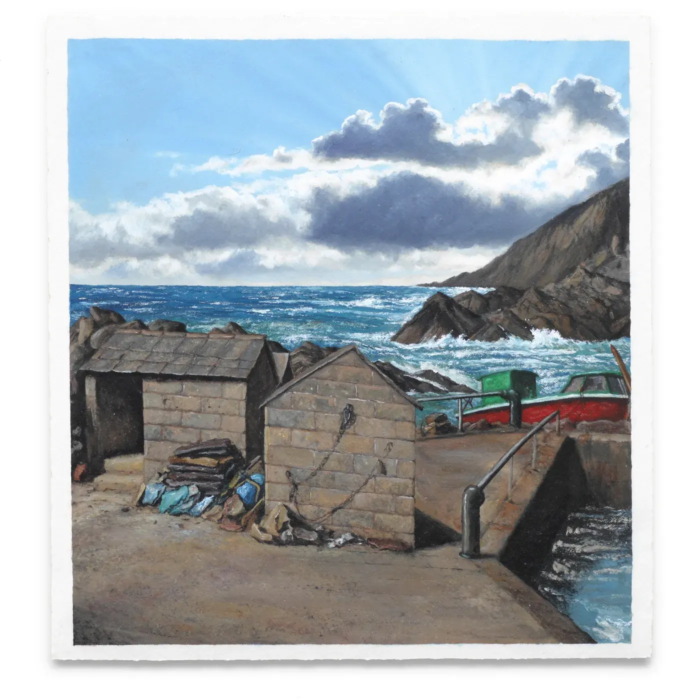 Illustrated coastal scene evoking Spain, home of Ar de Arte