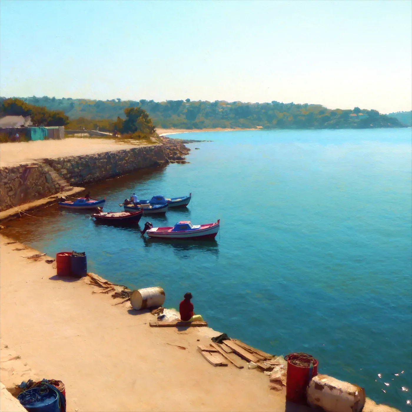 Illustrated coastal scene evoking Spain, home of Conservas Areoso