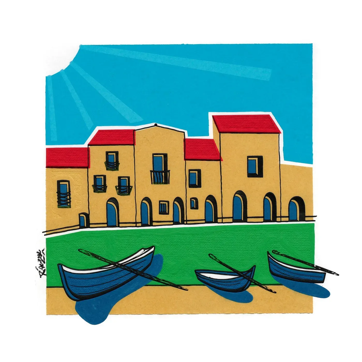 Illustrated coastal scene evoking Portugal, home of Ati Manel