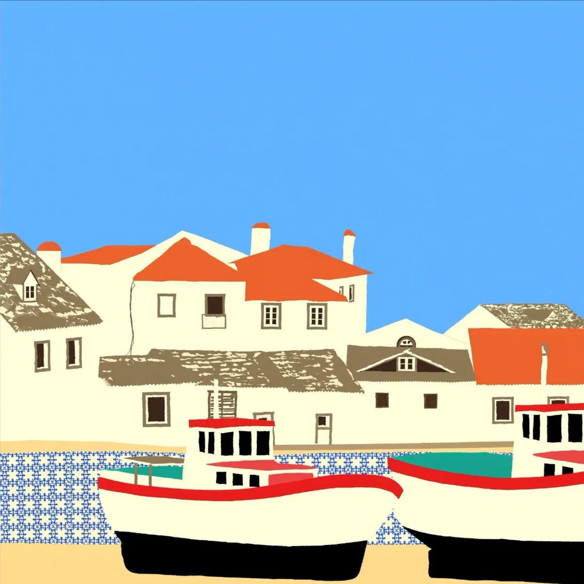 Illustrated coastal scene evoking Portugal, home of Comur