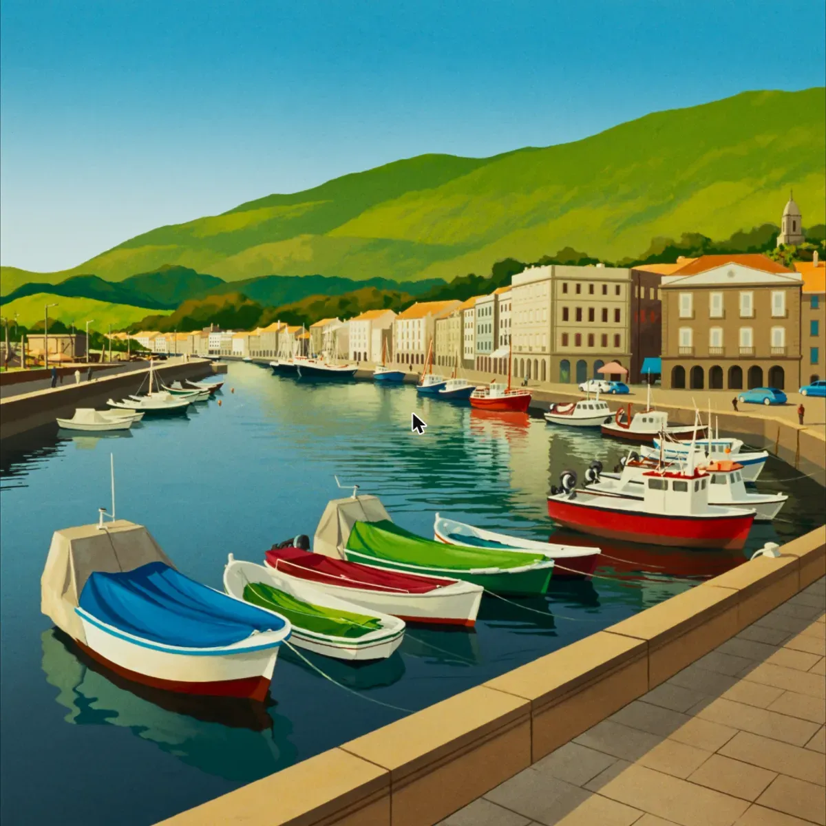 Illustrated coastal scene evoking Spain, home of Espinaler