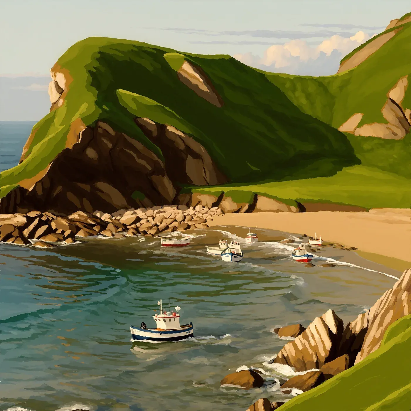 Illustrated coastal scene evoking Spain, home of Güeyu Mar Conservas