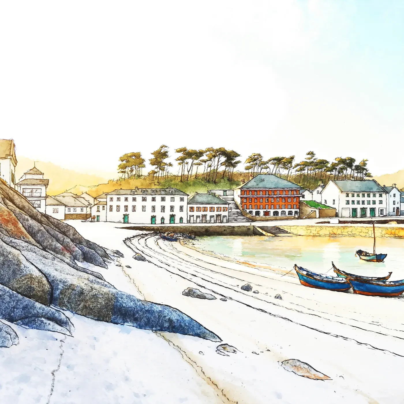 Illustrated coastal scene evoking Spain, home of La Curiosa