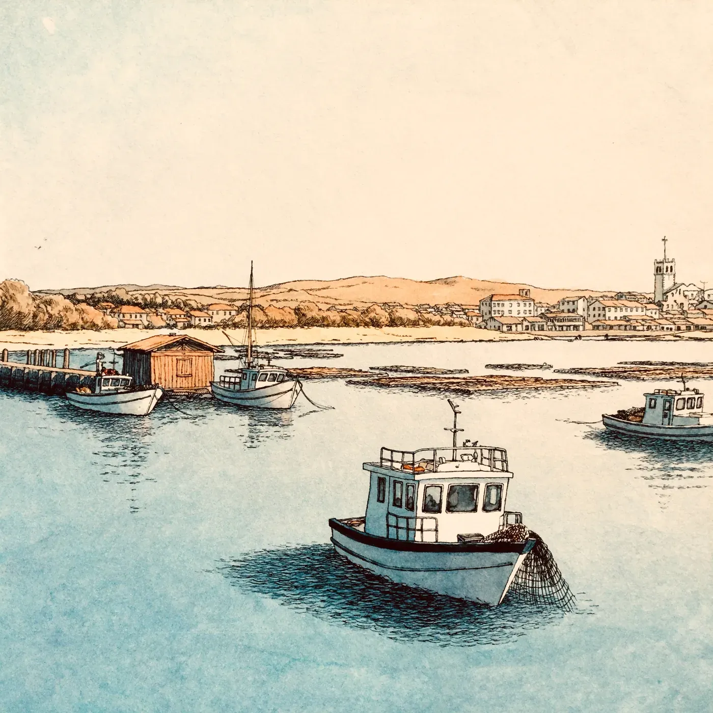 Illustrated coastal scene evoking Spain, home of La Narval