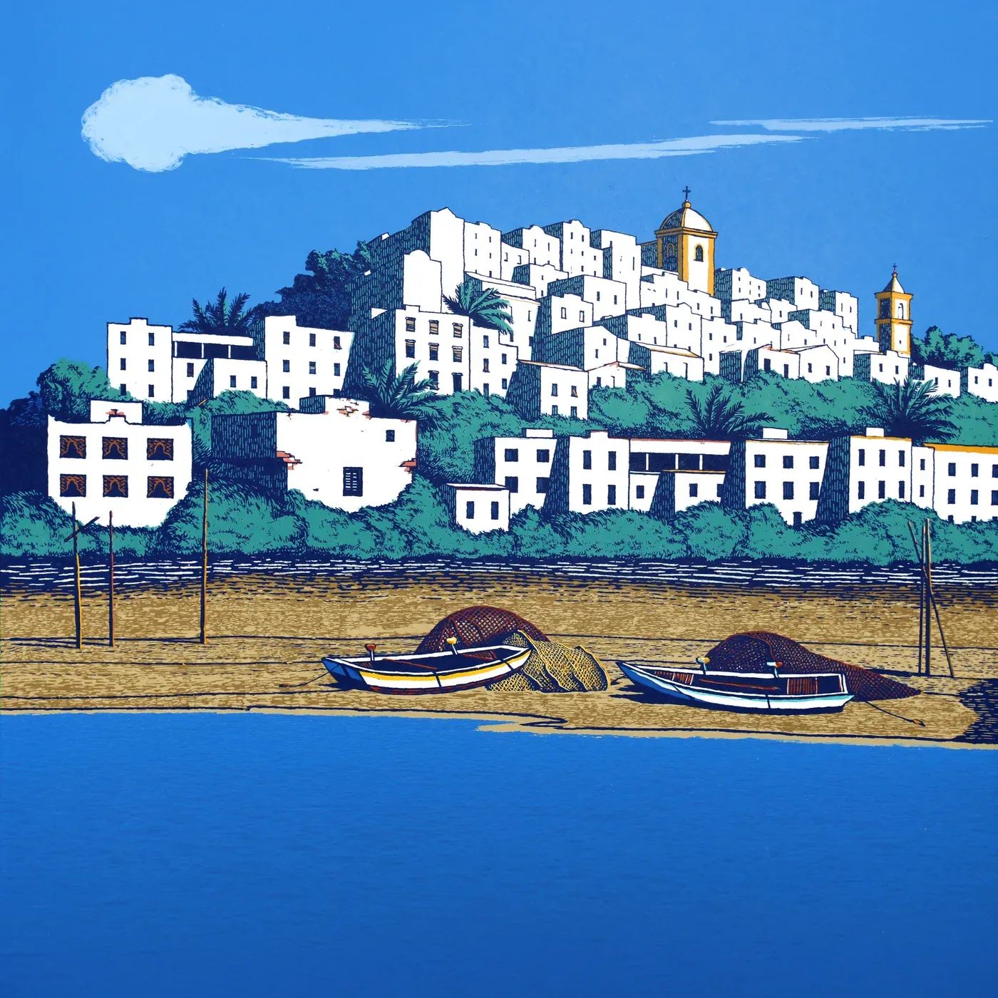Illustrated coastal scene evoking Spain, home of Lola
