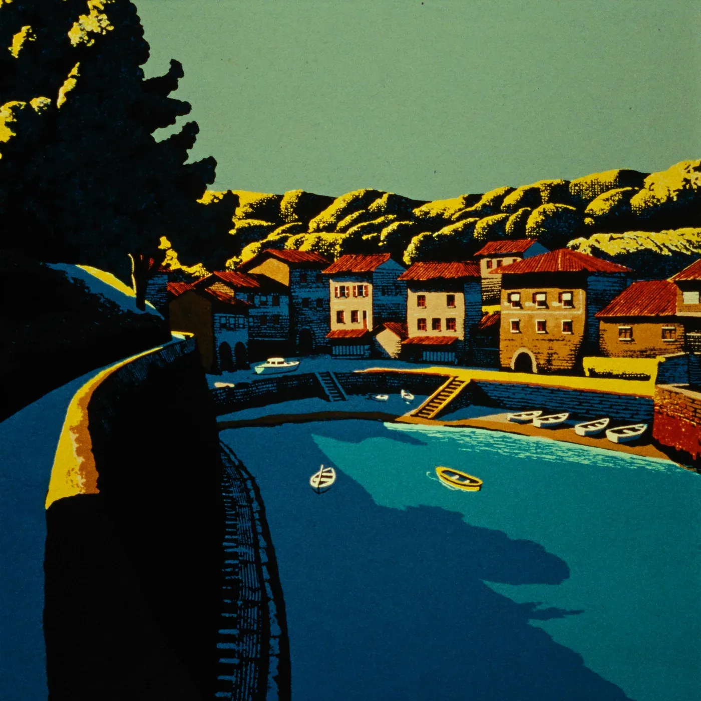 Illustrated coastal scene evoking Spain, home of Los Peperetes