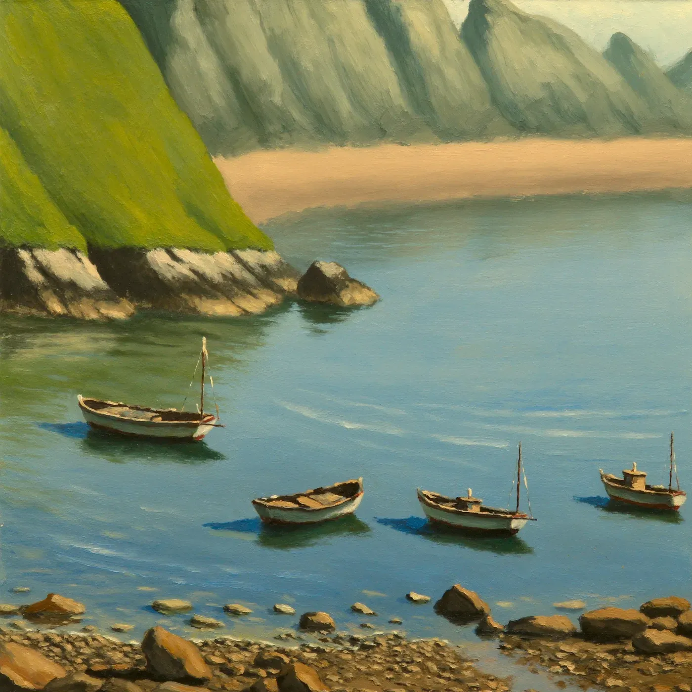 Illustrated coastal scene evoking Spain, home of Conservas Luliña