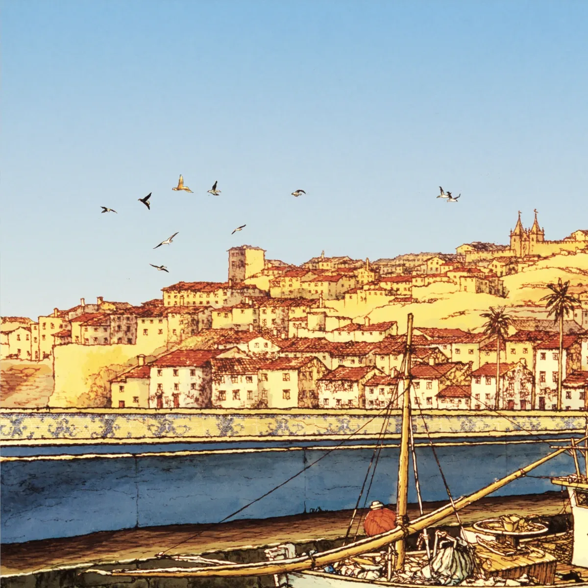 Illustrated coastal scene evoking Portugal — the home of Nuri