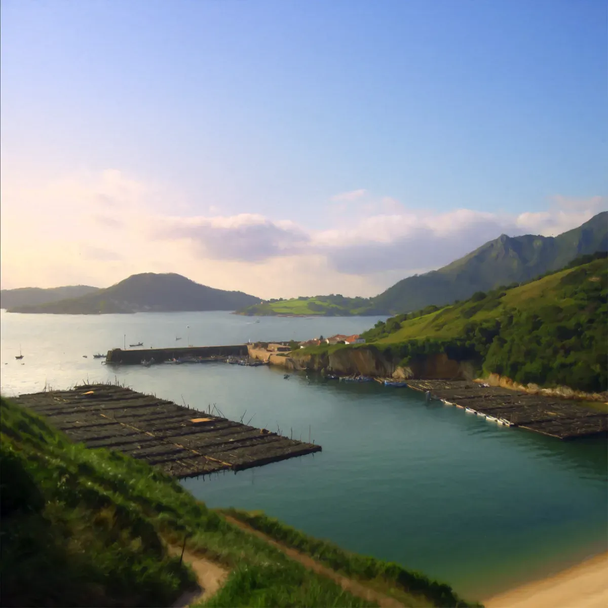 Illustrated coastal scene evoking Spain — the home of Ortiz