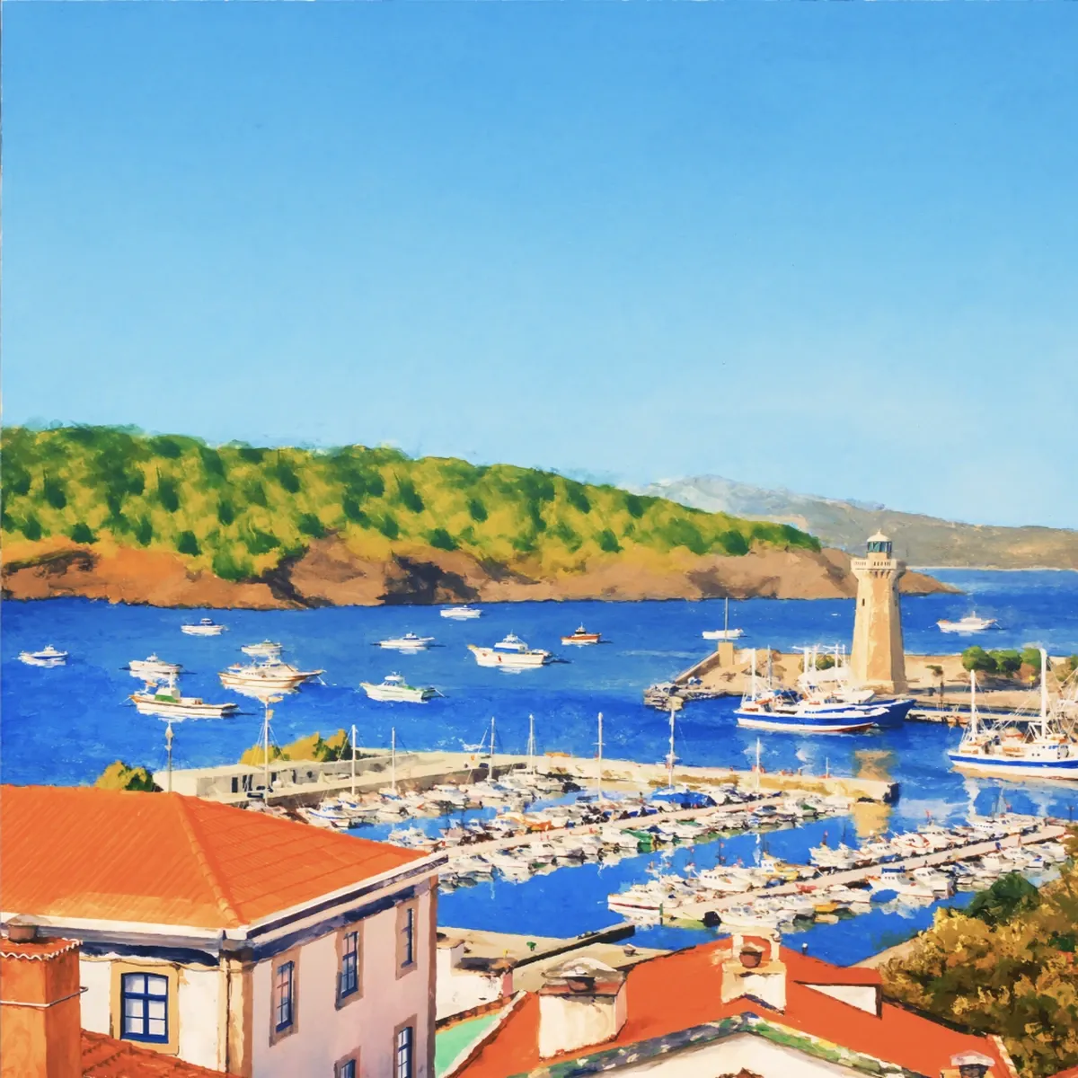 Illustrated coastal scene evoking Portugal — the home of Pinhais